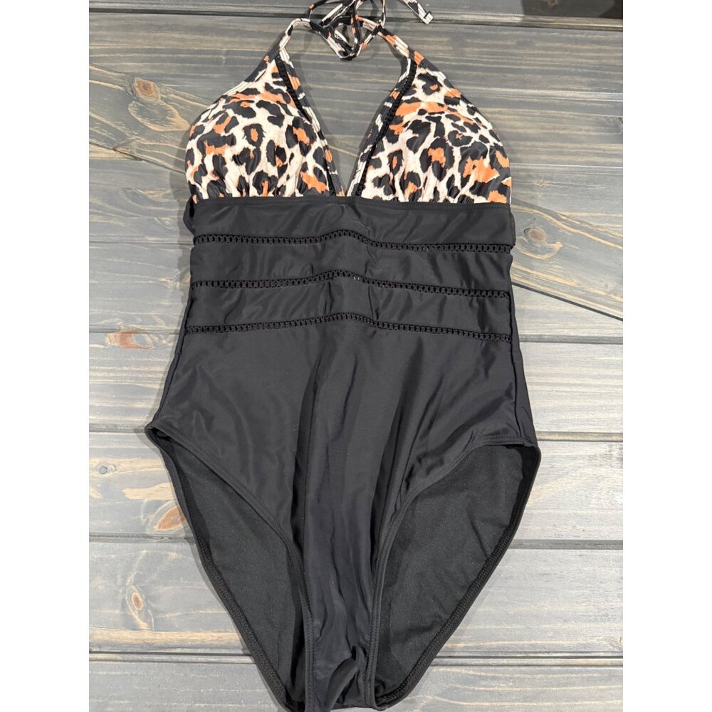 Leopard Print & Black Halter One-Piece Swimsuit With Ruched Waist - Large